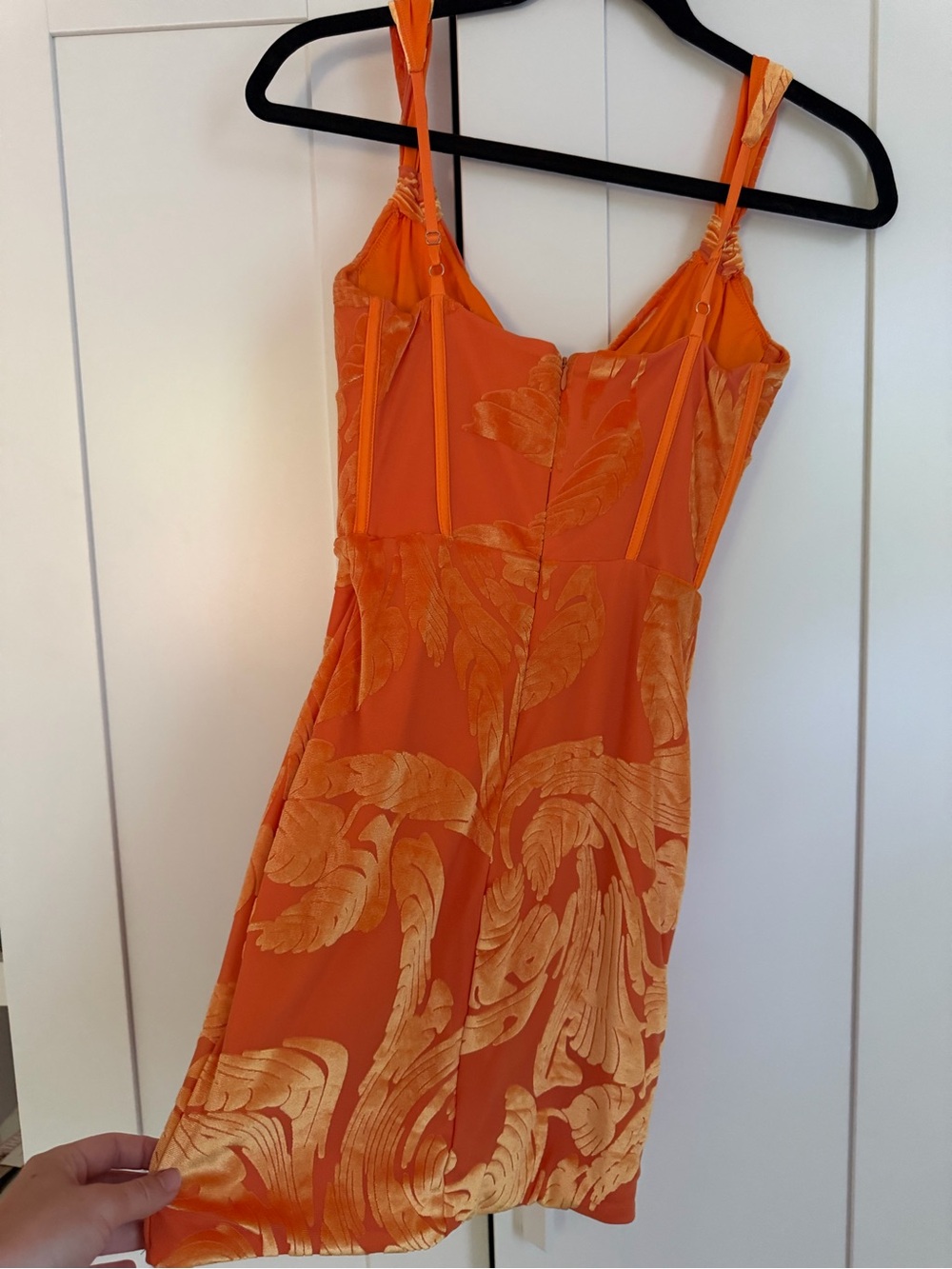 Oh Polly Orange Velvet Corset Mini Dress UK 8 US 4 Textured Lace Up Bodycon - Picture 6 of 7